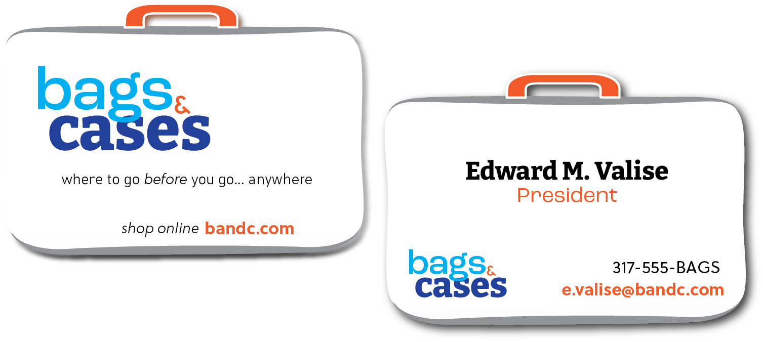 Business cards with the Bags and Cases logo