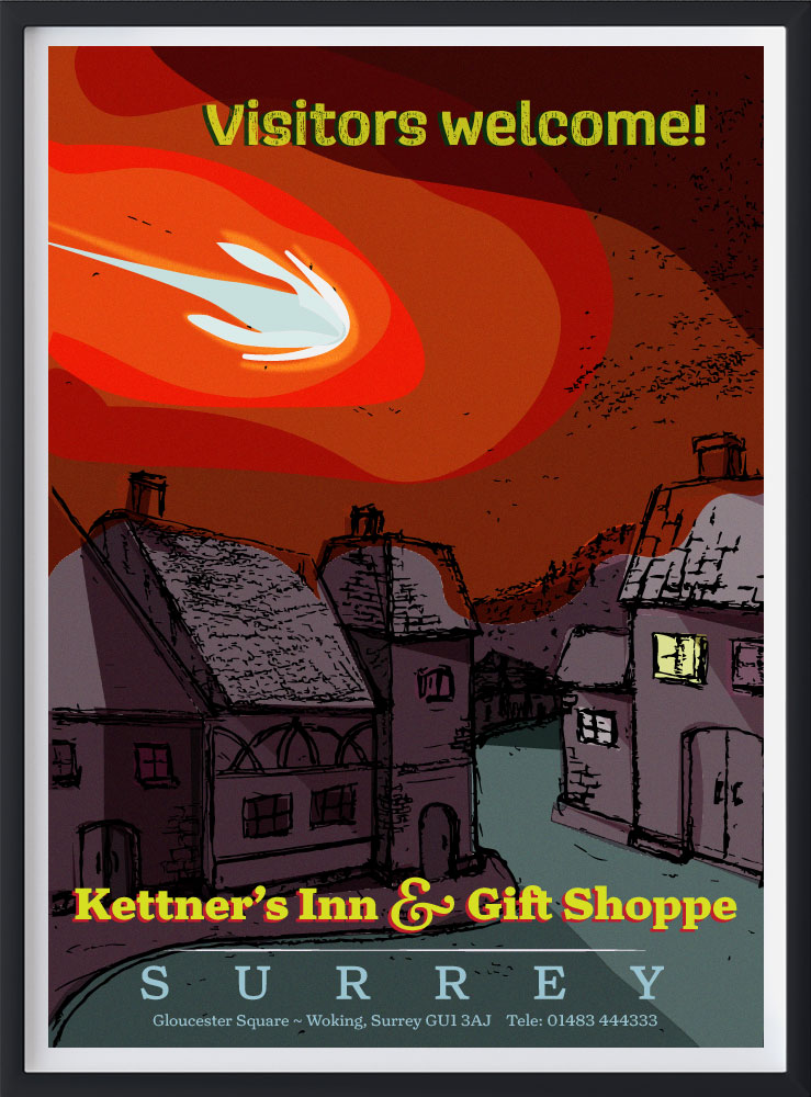 illustration of a meteorite passing over a quaint English village