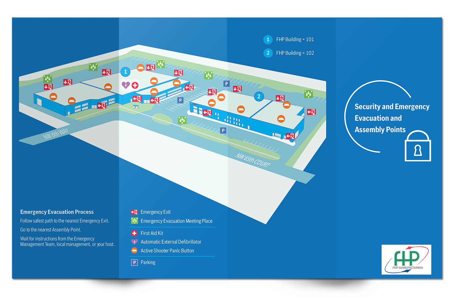 brochure showing emergency safety and exit information