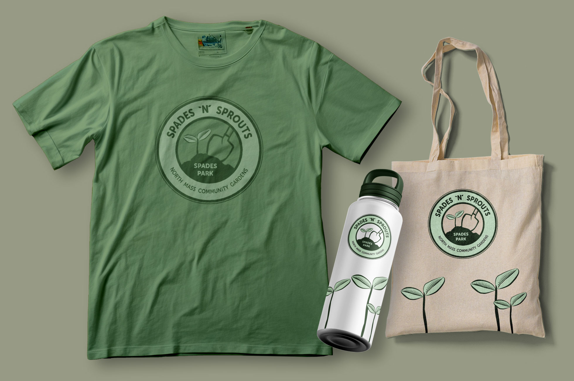 T-shirt, water bottle, and tote bag with the Spades 'n' Sprouts logo